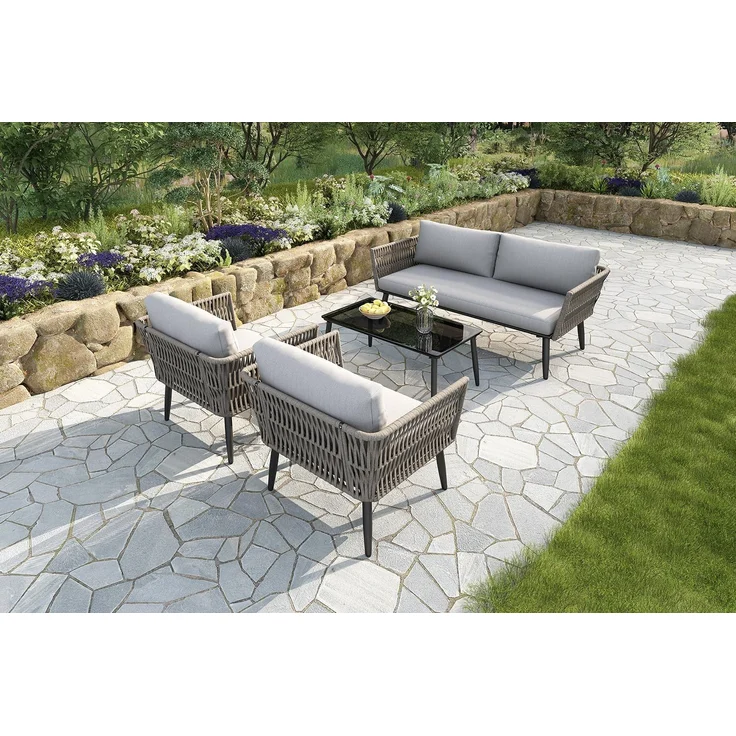 Ball & Cast Gartenmöbel Set für 4 Personen, Balkonmöbel mit 2-Sitzer Sofa, Couchtisch und 2 Sesseln, Lounge Möbel Outdoor mit Glastischplatte und Geflochtenes PE-Seil aus Wassergrasimitat, Grau – Bild 2