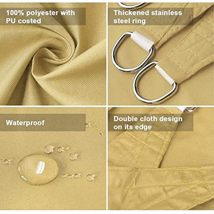 Dripex Sonnensegel Sonnenschutz Set inkl Befestigungsseile Rechteckig Wasserabweisend Polyester Imprägniert 95% UV Schutz Windschutz Wetterschutz 3X3 m für Balkon Garten Terrasse Sand – Bild 5