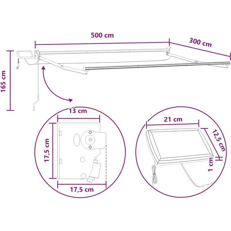 vidaXL Manuelle Gelenkarmmarkise mit LEDs, Hellgrau und Weiß, 3 x 5 m – Bild 9