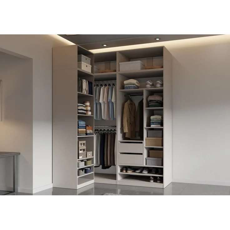 Marmex Möbel Tres Set-F/N Offenes Regalsystem, Begehbarer Kleiderschrank mit Aufsatz, Kompaktgarderobe für Kleidung und Schuhe, Ankleidezimmer Möbel, laminierte Spanplatte, graubeige cashmere 240x246x51 cm – Bild 9