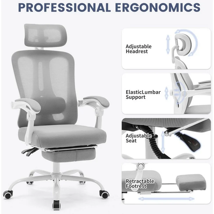 GarveeMore Bürostuhl Ergonomischer,Drehstuhl mit Fußstütze und verstellbarer Lordosenstütze, Home-Office-Stuhl,Gaming-Stuhl mit hoher Rückenlehne aus Netzstoff – Bild 4