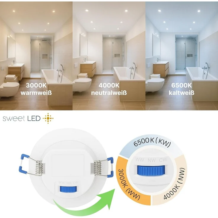 Sweet LED LED Einbaustrahler 10er SET IP44 CCT 230V LED Einbauspot flach 3000K 4000K 6500K Weiß, 3000K - 4000K - 6500K, Warmweiß - Neutralweiß - Kaltweiß, Deckenspots, Ø 85 mm, Einbauleuchten – Bild 3
