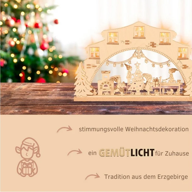 Weigla Schwibbogen Wichtelwerkstatt, Lichterbogen aus Holz, NATUR, Made in Germany, Erzgebirge garantiert, Weihnachtsdeko Innen, Weihnachtsbeleuchtung – Bild 3