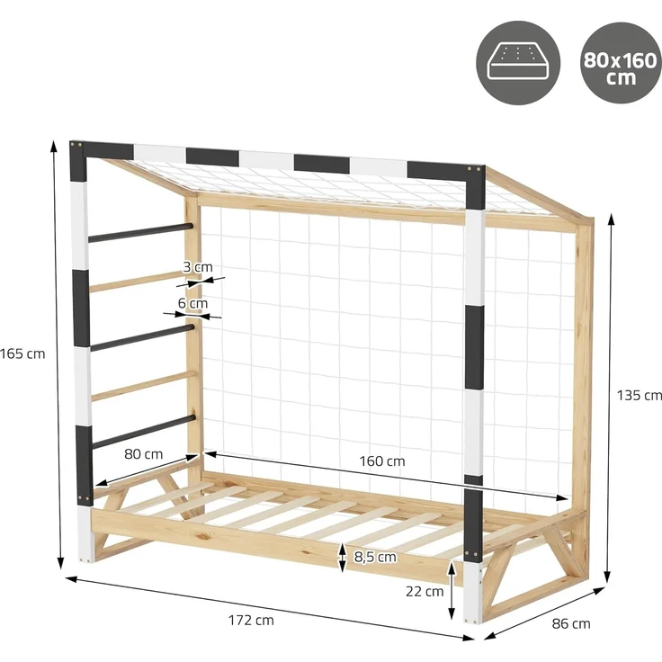 ML-DESIGN Spielbett Kinderbett Fußballtor Holzbett mit Lattenrost Kletterleiter & Netz, Handballtor Abenteuerbett 80x160cm Natur für Kinder aus Kiefernholz – Bild 6