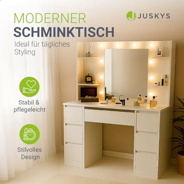 Juskys Schminktisch Malia mit LED-Beleuchtung & Spiegel, 7 Schubladen, stufenlos dimmbar, 3 Farbtemperaturen, Stauraum, elegantes Design – Weiß – Bild 3