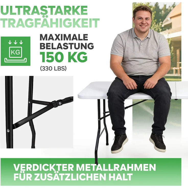 Eiryss Klappbarer Gartentisch 180x74cm, Outdoor Campingtisch für 8 Personen, weiß mit Kunststoffplatte & Metallrahmen, belastbar 150kg, 3 Sicherheitsverschlüsse, Buffetstisch für Garten, Balkon – Bild 4