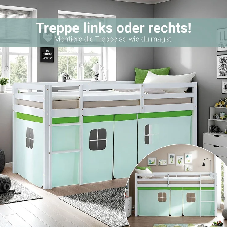 Hochbett Kinder 90x200 cm Kinderbett Kinderhochbett Stockbett Vorhang Grün Leiter Holz Massiv – Bild 6