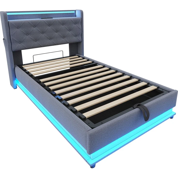 Merax Kinderbett Polsterbett 90*200cm, Mit farbwechselnden Lichtern und USB-Steckdose, Kopfteil aufklappbar, Mit Hydraulischem Stauraum, Mit Handytasche, Multifunktionales Einzelbett, Leinenstoff Grau – Bild 7