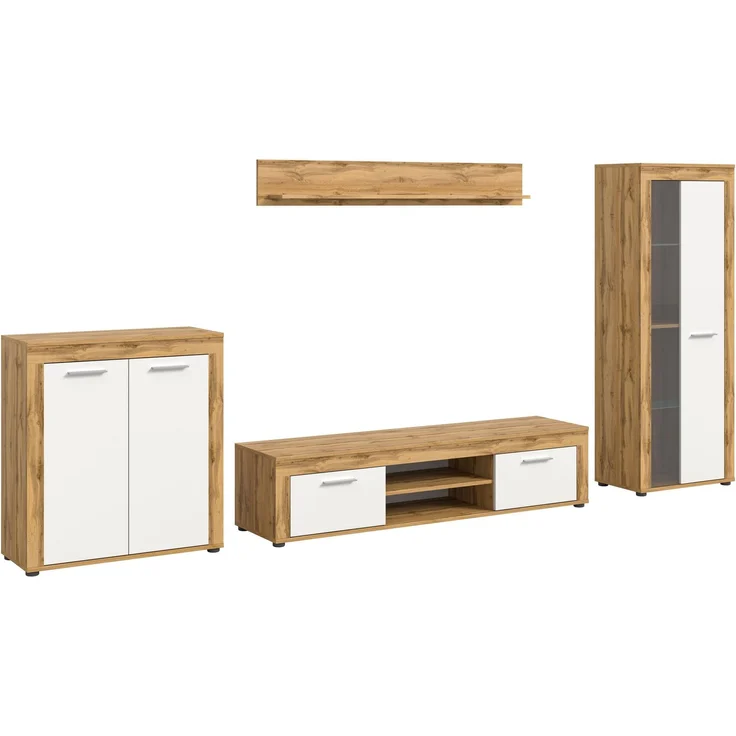 xonox. home Wohnen Jam X8BK6W01 Wohnkombination Wohnwand Wohnzimmermöbel-Set in Wotan Eiche Melamin und weiß Melamin, ca. B/H/T: 330 x 159 x 35 cm – Bild 1