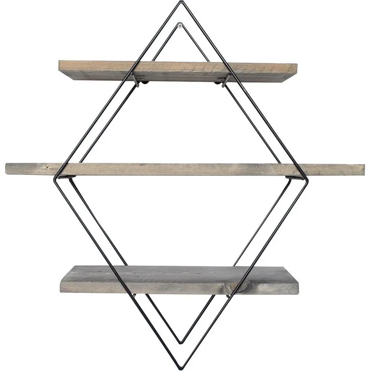 Calicosy Rautenförmiges Wandregal aus schwarzem Metall und Massivholz L60 cm - Holz