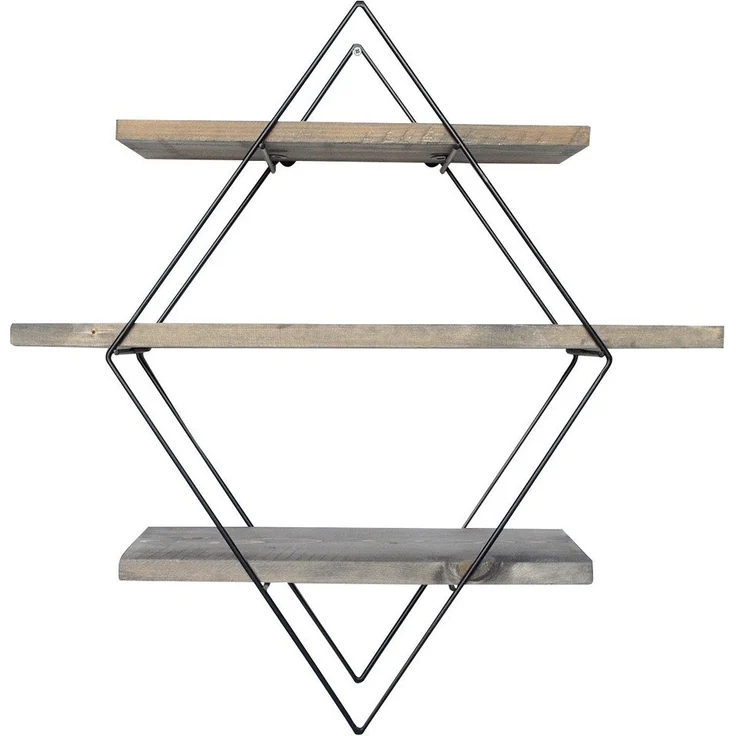 Calicosy Rautenförmiges Wandregal aus schwarzem Metall und Massivholz L60 cm - Holz – Bild 1