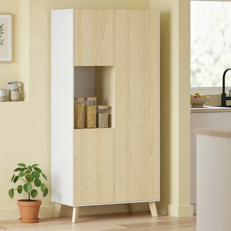 Rayofly-Moderner Küchenschrank mit offenem Fach & verstellbaren Regalen, Naturholz-Optik, H 170cm x T 80cm x B 40cm – Bild 3