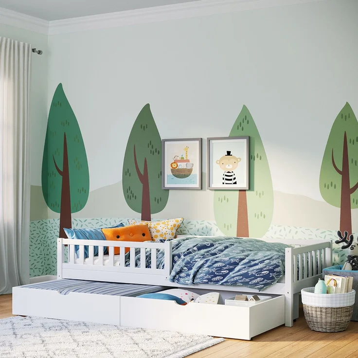 Bellabino 'Vils' Kinderbett 90x200 cm mit großer Schublade, weiß, Kiefer Massivholz, Montessori Bett mit Stauraum, mit abnehmbarem Rausfallschutz und Lattenrost – Bild 1