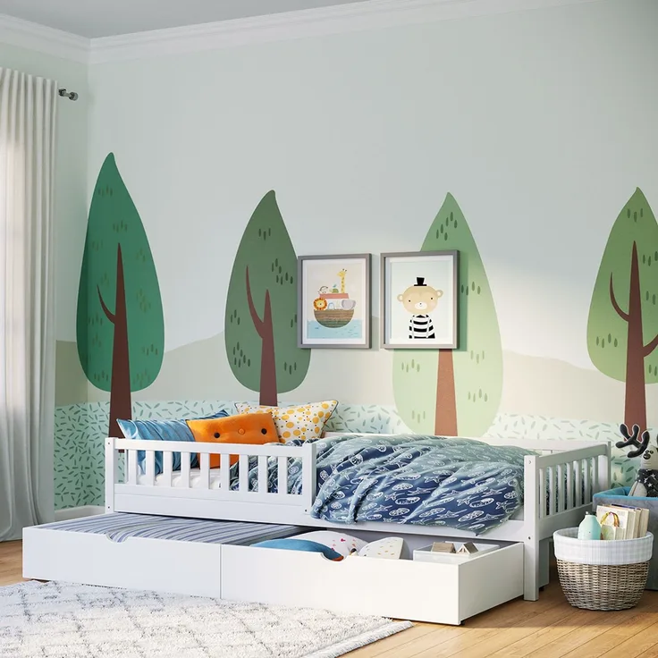 Bellabino 'Vils' Kinderbett 90x200 cm mit großer Schublade, weiß, Kiefer Massivholz, Montessori Bett mit Stauraum, mit abnehmbarem Rausfallschutz und Lattenrost