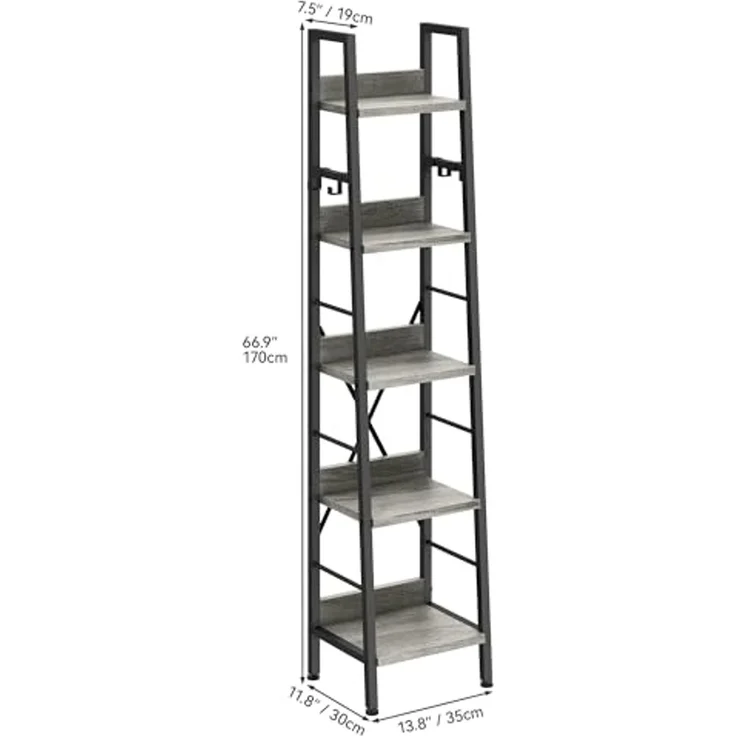 YITAHOME Schmal Bücherregal mit 5 Ebenen 35 cm Breit, Industrielles Leiterregal Standregal Holzregale und Metallrahmen, Modernes Regal für Wohnzimmer, Graues – Bild 6