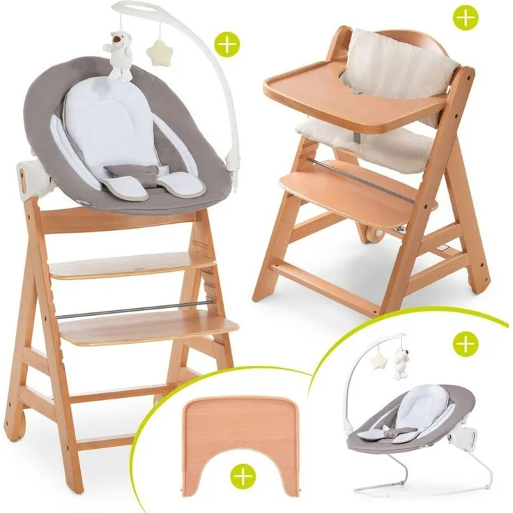 Hauck Hochstuhl Alpha Plus Move Natur Newborn Set (5 St), Babystuhl ab Geburt mit Aufsatz für Neugeborene, Essbrett, Sitzauflage