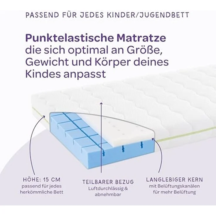 Träumeland Kindermatratze 90x200 15cm | Matratze für Kinder - Oeko-TEX Zertifiziert - wendbar & atmungsaktiv - Allergiker geeignet mit waschbarem Tencel Bezug - Schlummerland | Made in Austria – Bild 5