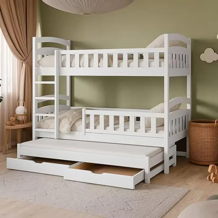 Kids Collective Hochbett mit Ausziehbett, zwei Schubladen, Lattenrost & Rausfallschutz, umbaubar in drei Einzelbetten, Kieferholz weiß, 90x200 cm – Bild 2