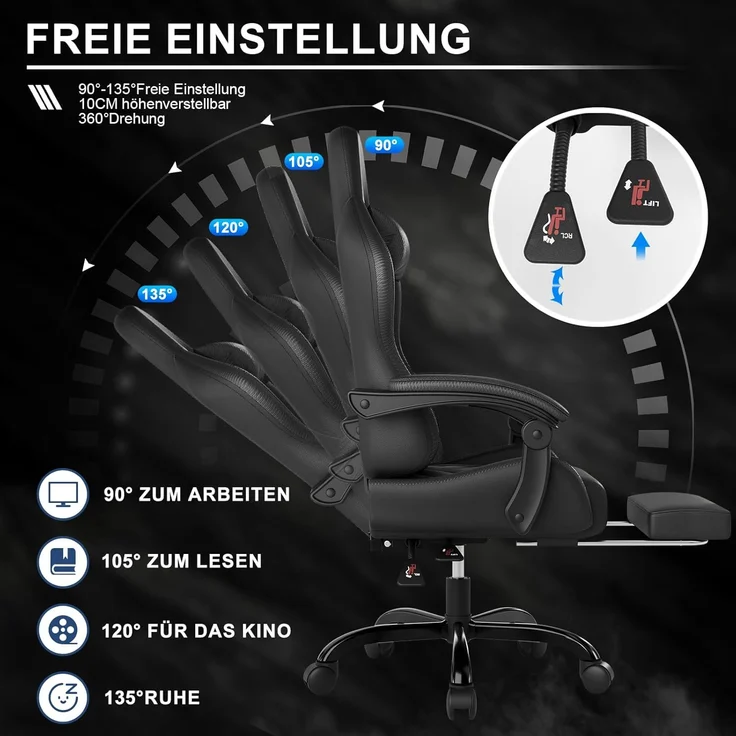 Devoko Massage Gaming Stuhl, Computer Bürostuhl mit Fußstütze, Racing Gamer Stuhl 150kg Belastbarkeit, 90-135° Rückenlehne einstellbar Ergonomischer PC Stuhl, 360° drehbar, Schwarz – Bild 6