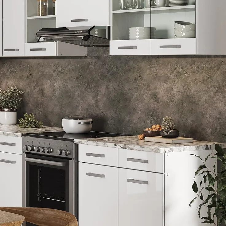 Eckküche Rick Weiß Hochglanz/Weiß 270 x 60 cm , AP Marmor mit LED-Leisten Vicco