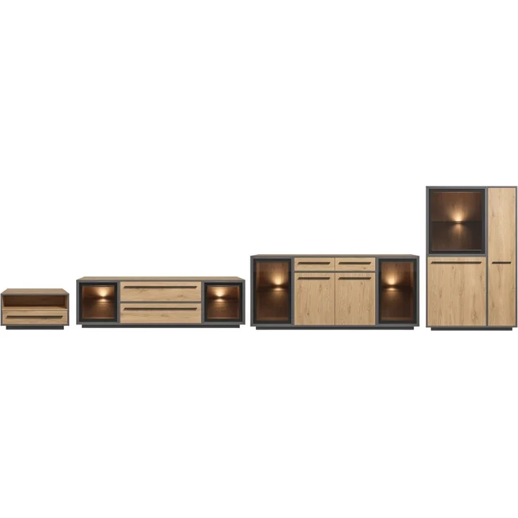 moebel-dich-auf Wohnwand NARDO, (Wildeiche / Absetzung: Anthrazit, Verschiedene Board-Sets), Braunglas, Softclose, inkl. LED-Beleuchtung – Bild 5