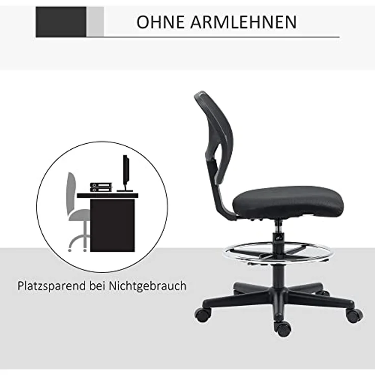 Vinsetto Bürostuhl, ergonomischer Drehstuhl aus schwarzem Textil, höhenverstellbar, mit atmungsaktivem Netzgewebe, 61x113x59 cm – Bild 6