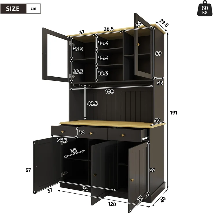 Buffetschrank mit Glastüren, Gläserhalter & Stromanschlüssen, 120x40x191 cm, Schwarz – Bild 4