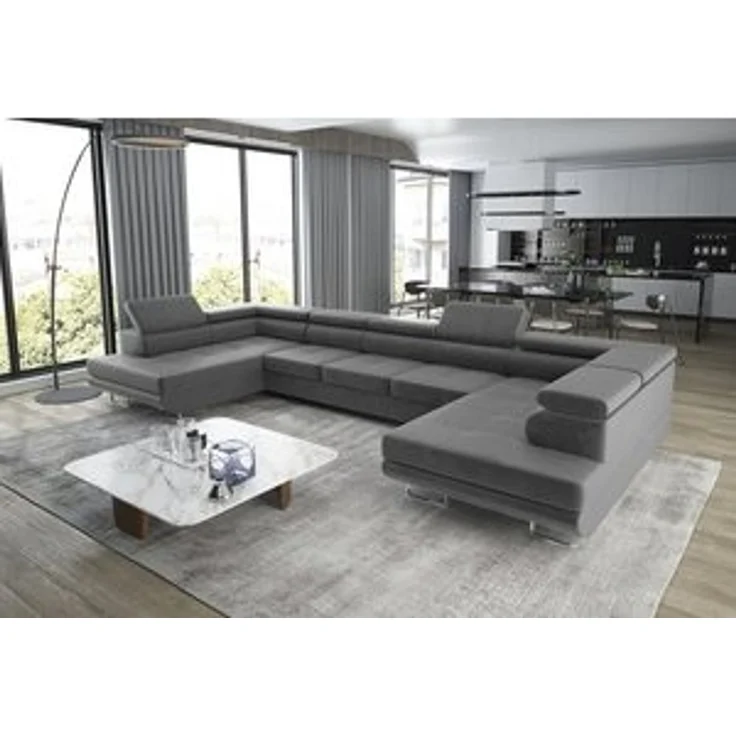thematys Ecksofa Aston U 403 x 203 cm, mit Schlaffunktion, mit Bettkasten, mit verstellbaren Kopfstützen, Grau (Monolith 85), Ausrichtung 390 cm|350 cm – Bild 7