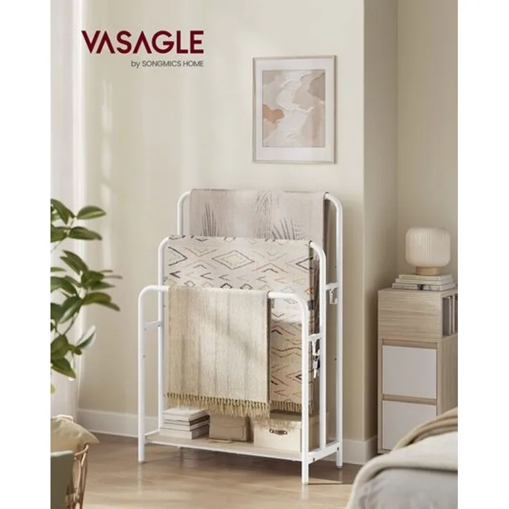 VASAGLE Handtuchhalter, stehend, Handtuchständer 3 Stangen, 70 x 30 x 100 cm, 2 Haken, Ablage, für Decke, Badetücher, wolkenweiß-naturbeige LLS019W01