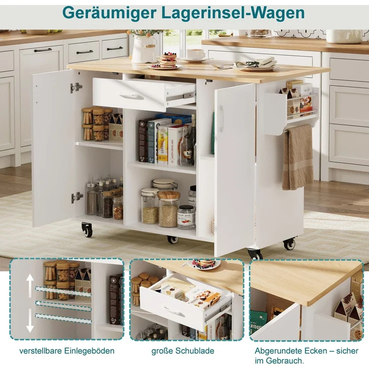 Küchenwagen mit klappbarer Arbeitsplatte 67,5–120 cm – rollbarer Servierwagen aus MDF in Weiß und Eiche-Optik – Bild 9