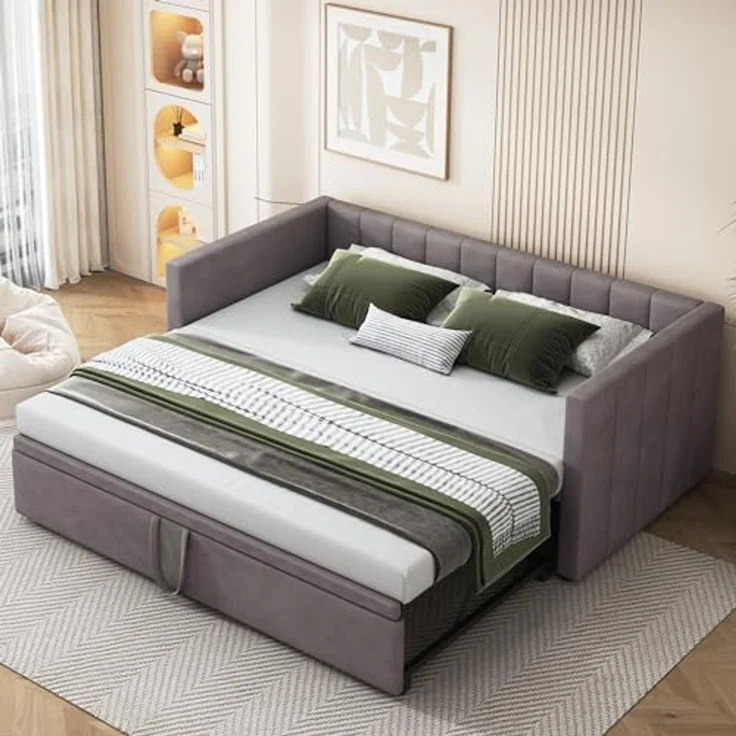 Odikalo Schlafsofa Polsterbett Ausziehbar 90/180*200cm Lattenrosten Samtstoff Beige/Grau – Bild 2