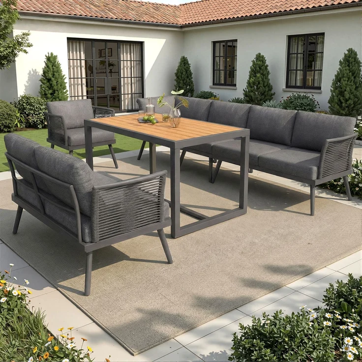 Merax Gartenlounge-Set, 7-Sitzer L-förmiges Gartensofa-Set mit Sessel, geflochtenen Armlehnen, Wetterfeste Eckgarnitur aus Eisen, mit Holz-Couchtisch, Mit Polstern & Kissen, Grau – Bild 2