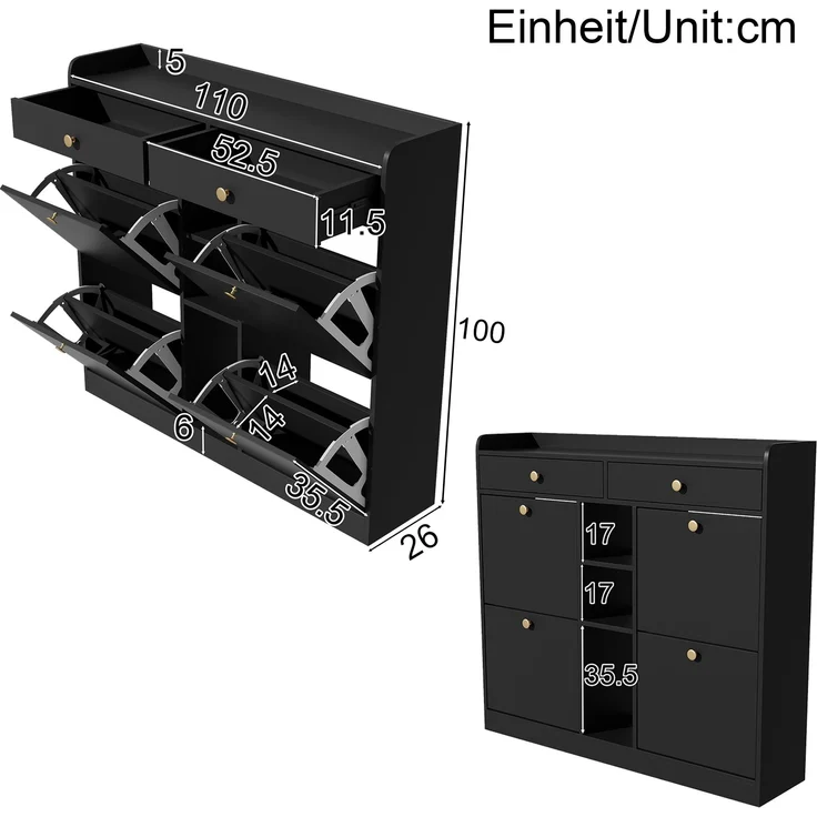 Schuhschrank, Spanplatte mit 4 Klapptüren & 2 Schubladen, 110x26x100 cm, Schwarz – Bild 9
