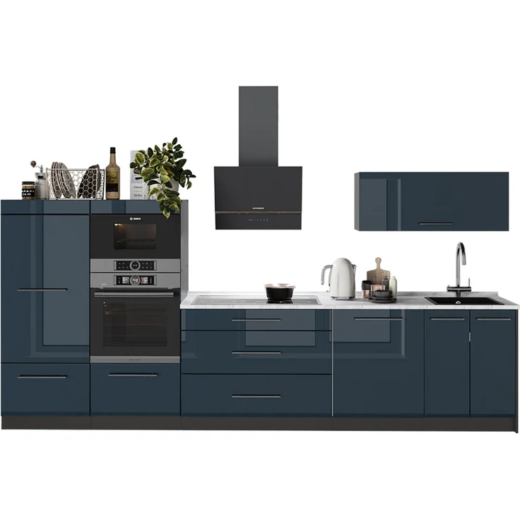 Küchenzeile Fame-Line Dunkelblau Hochglanz/Anthrazit 340 cm, AP Marmor Vicco – Bild 6
