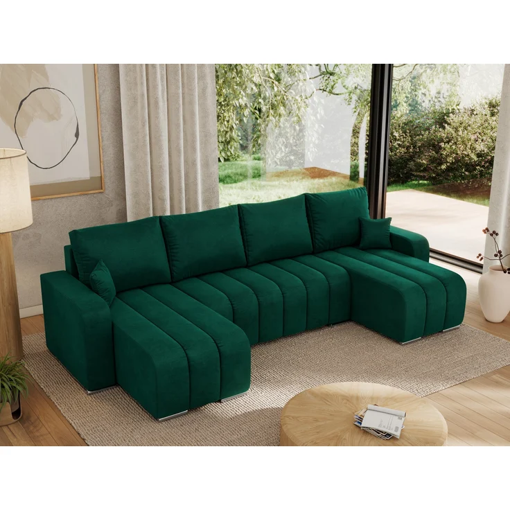 U-förmiges Ecksofa mit Schlaffunktion und Bettkasten, Couch U-form - KIRASSO U - DunkelGrün Velours – Bild 4