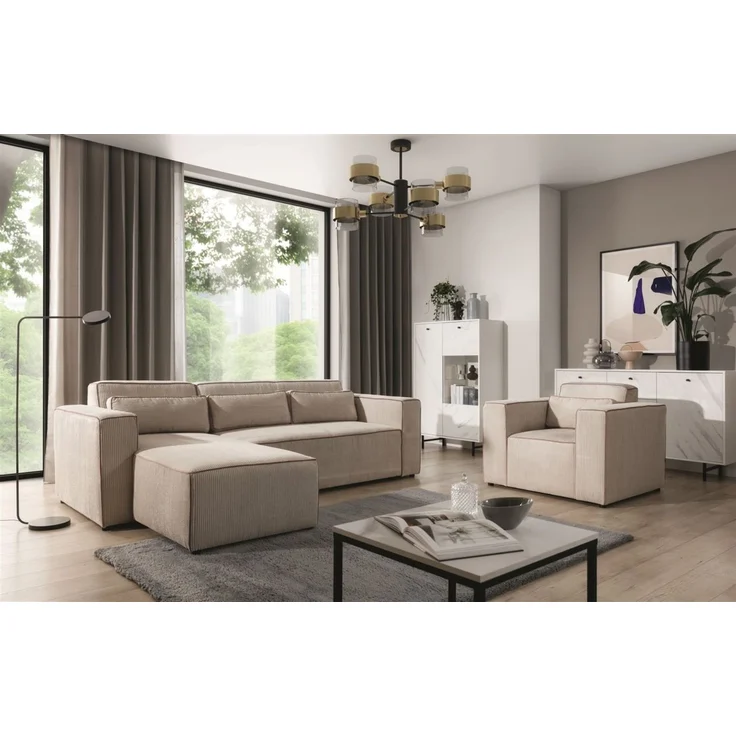 Ecksofa Schlafsofa inkl. Sessel WALDO Stoff Poso Beige Ottomane Links – Bild 1