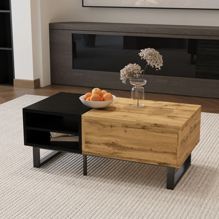 Couchtisch mit Schublade und 3 offenen Fächern, Wohnzimmertisch in Schwarz-Holz-Optik – Bild 6