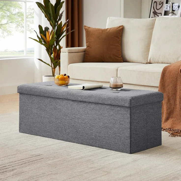 Zedelmaier Sitzbank mit Stauraum Sitzhocker Faltbar Truhen, Deckel Abnehmbar, 114 x 38 x 38 cm (Hellgrau - Leinen) – Bild 2
