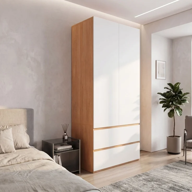 Kleiderschrank mit oberem Staufach, Garderobenschrank, 90 x 50 x 200 cm, mit 1 Kleiderstange, 2 Schubladen und 2 Türen, moderner Hochschrank für Schlafzimmer, Flur, Kinderzimmer oder Büro (Eiche/Weiß)--Weiß--90x50x200cm--YOUDENOVA – Bild 2