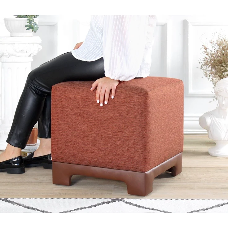Atelier Del Sofa Stylish Tile Red Pouffe, 50 x 50 x 47 cm | 50% Cotton & 50% Linen, 35 DNS Orthopedic Sponge, 6 cm Thickness | Faux Leather Legs, Modern Comfort – Bild 2