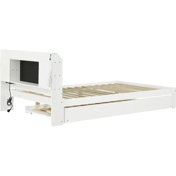 Massivholzbett mit RGB LED-Streifen, Stauraum, Lattenrost, Ausziehbett, Type-C und USB, Kopfteil mit Regal, 120x200 cm, Einzelbett, Kiefer – Bild 6