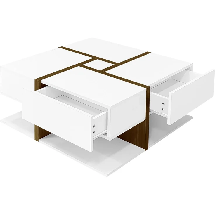 Merax Hochglanz-Couchtisch, Tisch mit 4 Schubladen, einzigartige Farbabstimmung und Liniendesign, Stauraum unten. 78*78*34,8cm, Weiß und Holzfarbe – Bild 7