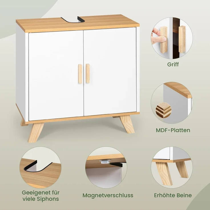 EUGAD Waschbeckenunterschrank (1-St) Badezimmerschrank mit 2 Türe Weiß – Bild 4
