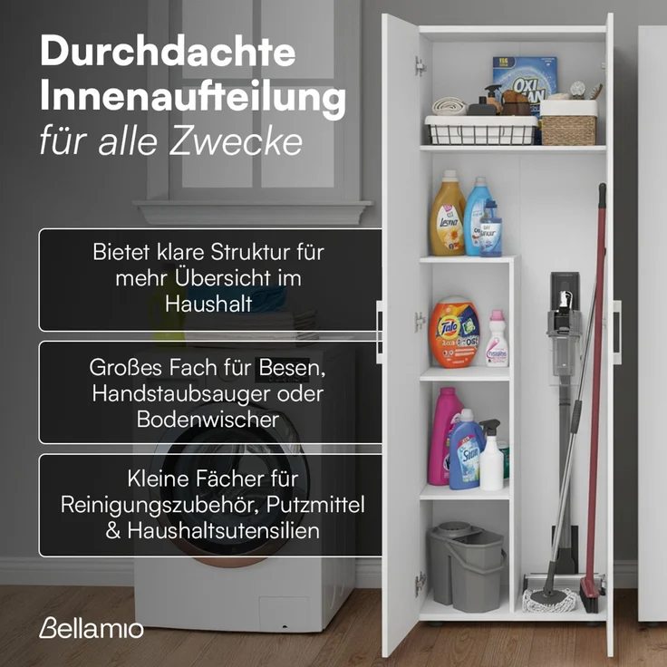 Bellamio 'Apol' Mehrzweckschrank, weiß, 176x33x60 cm, Besenschrank mit Staubsaugerfach und 4 weiteren Fächern – Bild 3