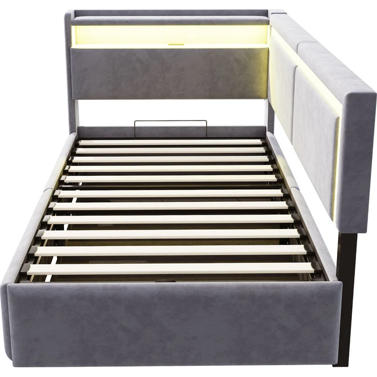 Schlafsofa, Samt mit LED & USB-Anschluss, Stauraum, 90x200 cm, Hellgrau, ohne Matratze – Bild 9
