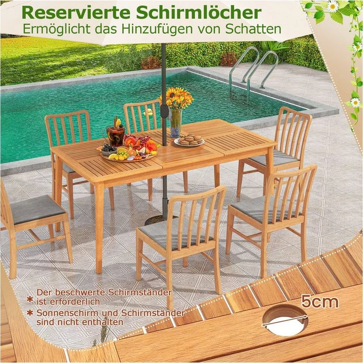 COSTWAY Gartentisch, mit Schirmloch, Akazienholz, 170x90cm, 6 Personen rechteckig – Bild 2
