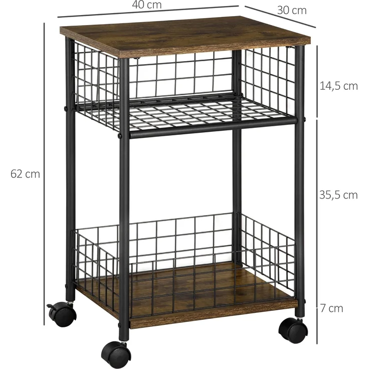 HOMCOM Servierwagen Küchenwagen mit Arbeitsplatte und Aufbewahrungskörben, (Küchenrollwagen, 1 St, Küchentrolley), Rustikal-Braun 40 x 30 x 62 cm – Bild 7