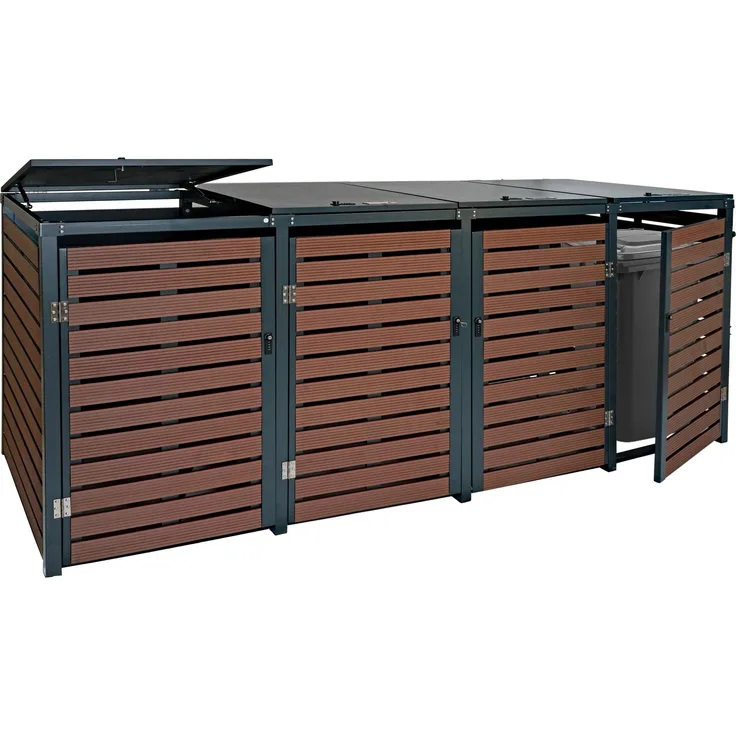 4er Mülltonnenverkleidung HWC-K14, Mülltonnenbox Mülltonnenabdeckung, 119x264x84cm WPC Metall 130kg ~ Walnuss-Holzoptik