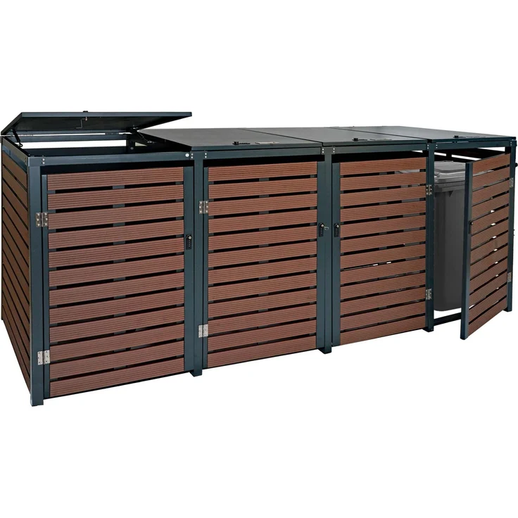 4er Mülltonnenverkleidung HWC-K14, Mülltonnenbox Mülltonnenabdeckung, 119x264x84cm WPC Metall 130kg ~ Walnuss-Holzoptik – Bild 1