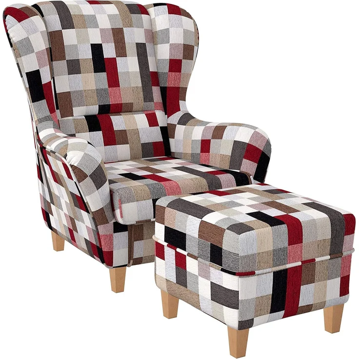 Supellex Sofia Ohrensessel mit Hocker | Design Patchwork kariert bunt gedeckt – Bild 1